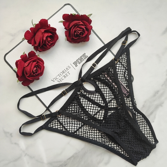 NWT VICTORIA'S SECRET VERY SEXY FISHNET STRING CHEEKY OPEN BACK PANTY IN BLACK M - Picture 1 of 6